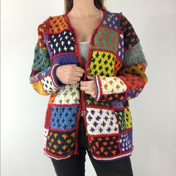 Vintage Sweaters - Vtg Handmade Ecuador Patchwork Cardigan Sweater